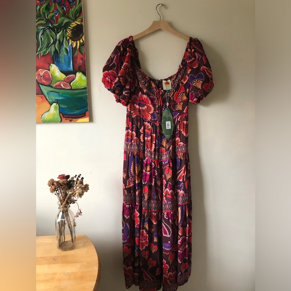 NWT Farm Rio Bright Flora Brown Short Sleeve Maxi Dress